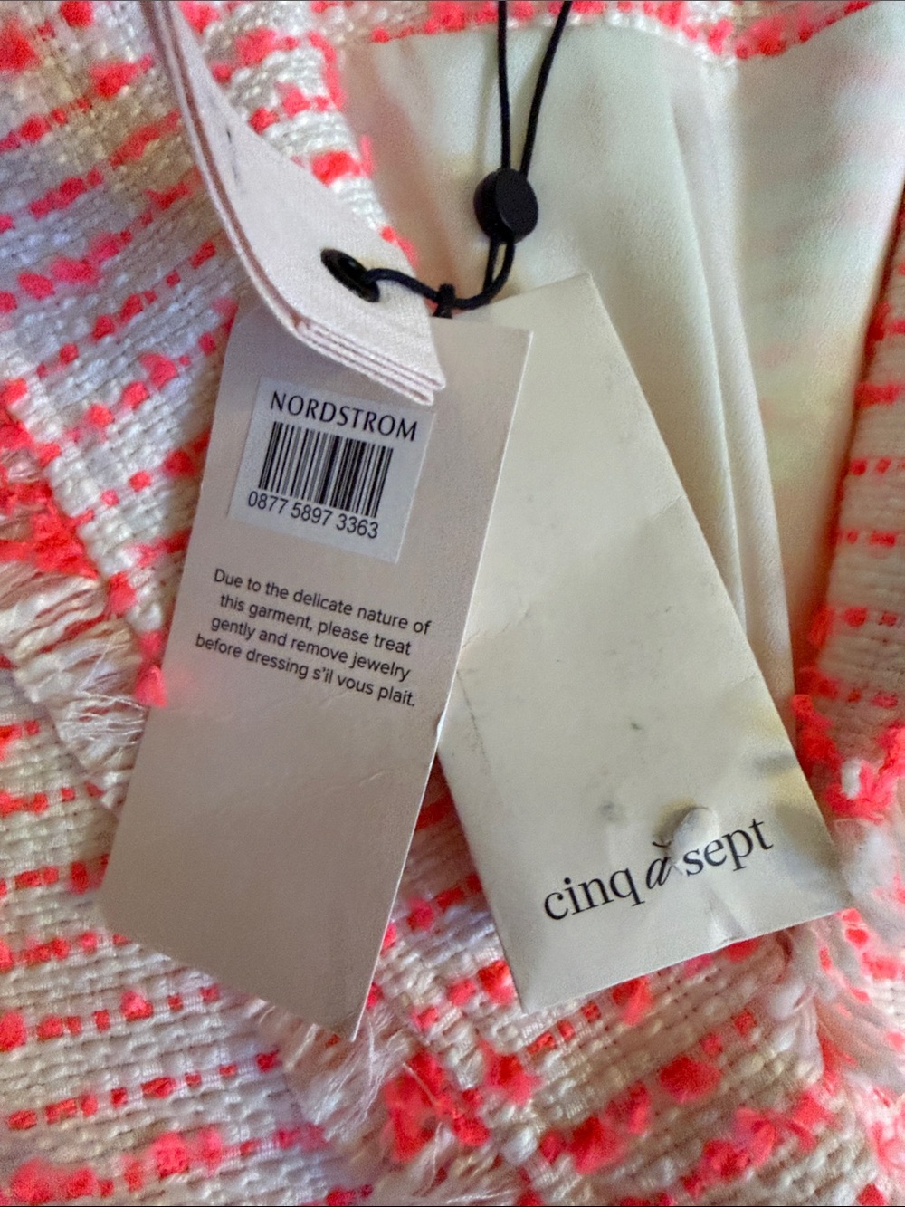 NWT! CINQ A SEPT tweed le petit khloe blazer in ivory/neon coral, size 12 - Picture 5 of 12